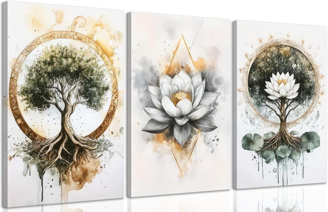 3PCS Zen Meditation Lotus Canvas Wall Art Spiritual Bathroom Yoga Spa Paintings Pictures Wall Decor Tree of Life Posters Prints Artwork for Living Room Office Bedroom Home Decoration., 24"L x 16"W-Canvas