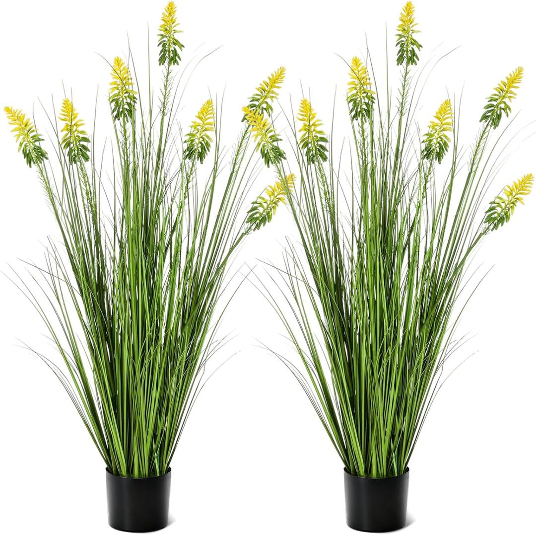 Jexine 2 Pieces Faux Plants Outdoor 4 ft Horsetail Reed Grass with Yellow Cockscomb Flower Tall Artificial Grass Plant Potted Faux Greenery Floor Plant for Housewarming Gift House Garden Lobby Outdoor