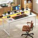 PRAISUN 48 inch Gaming Desk, LED & Power Outlets, Monitor Stand, White