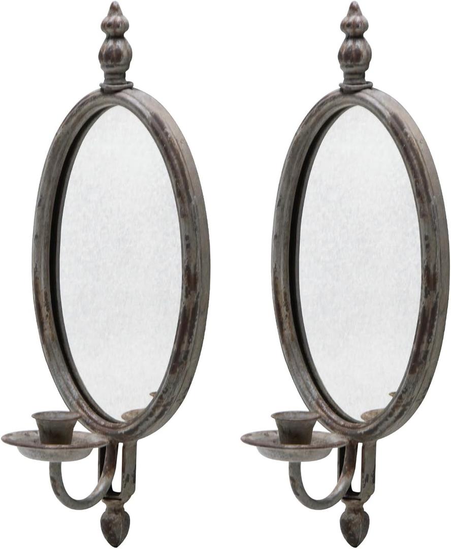SOFFEE DESIGN 2PCS Antique Metal Candle Sconces Candlestick Holder Wall Mounted Distressed with Oval Faded-Looking Mirror