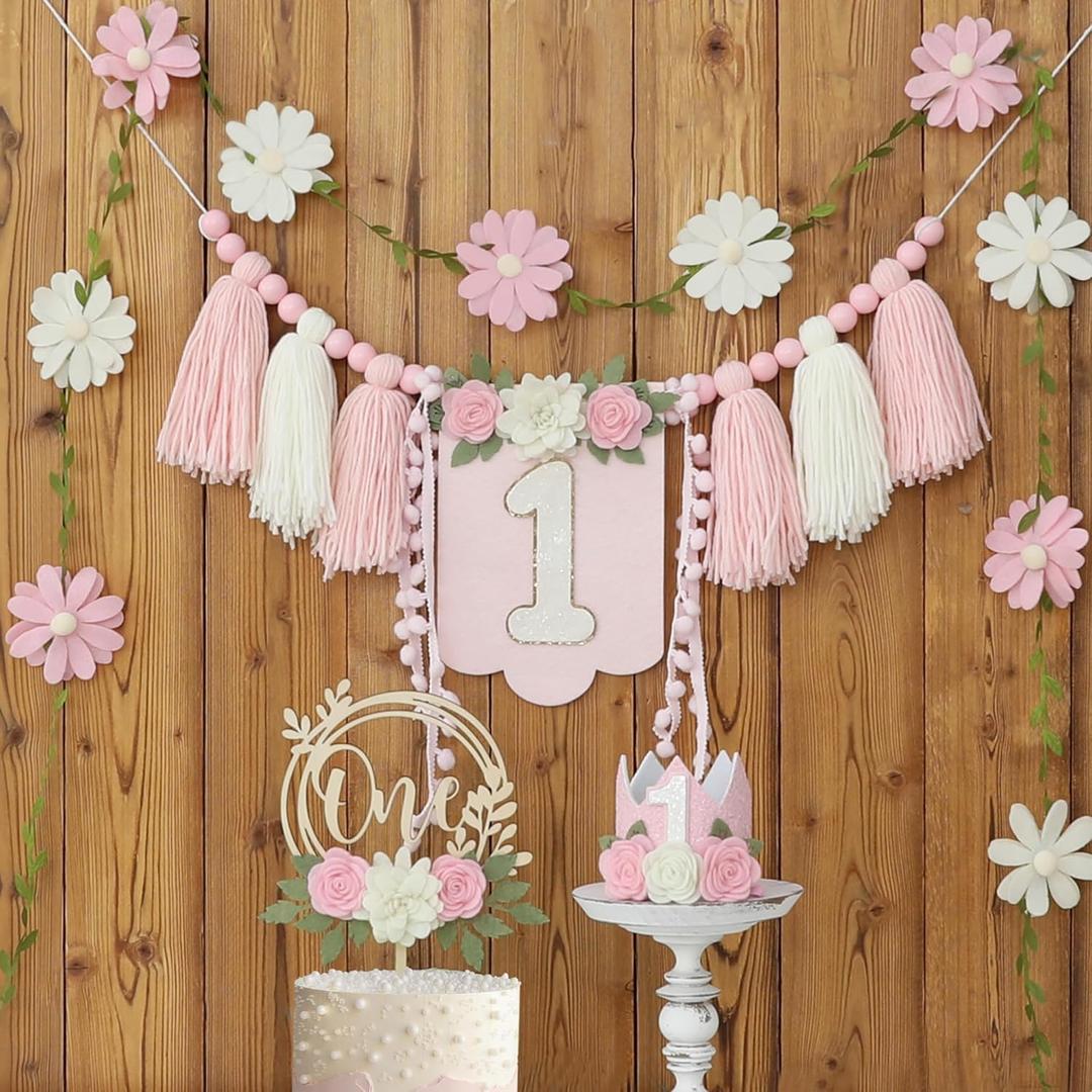 DCJHFJ Wildflower First High Chair Banner Birthday Decorations for Girl One Flower Cake Topper Floral Hat 1st Birthday Decoration Supplies (White Pink)