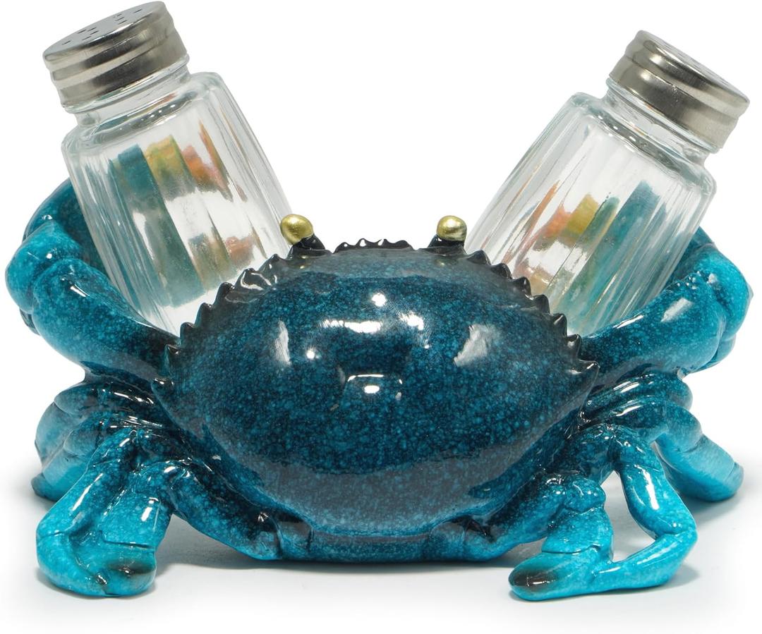 Hodao Sea Crab With Salt and Pepper Shaker Figurines Decoration Crab Set with Holder Figurine for Beach Bar or Tropical Kitchen Decor Table Decor By Home Gifts For Mom (Blue)