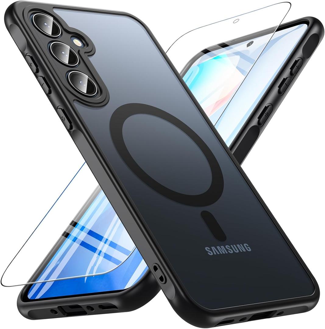 Magnetic for Samsung Galaxy A35 5G Case with Tempered Glass Screen Protector, Compatible with MagSafe, Shockproof Protective Translucent Back Phone Case Cover for Samsung A35 5G (Black)