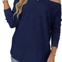 Tankaneo Womens Off The Shoulder Tops Casual Long Sleeve T Shirts Irregular Hem Split Tunics Loose Fall Blouse Shirt (Blue, M)