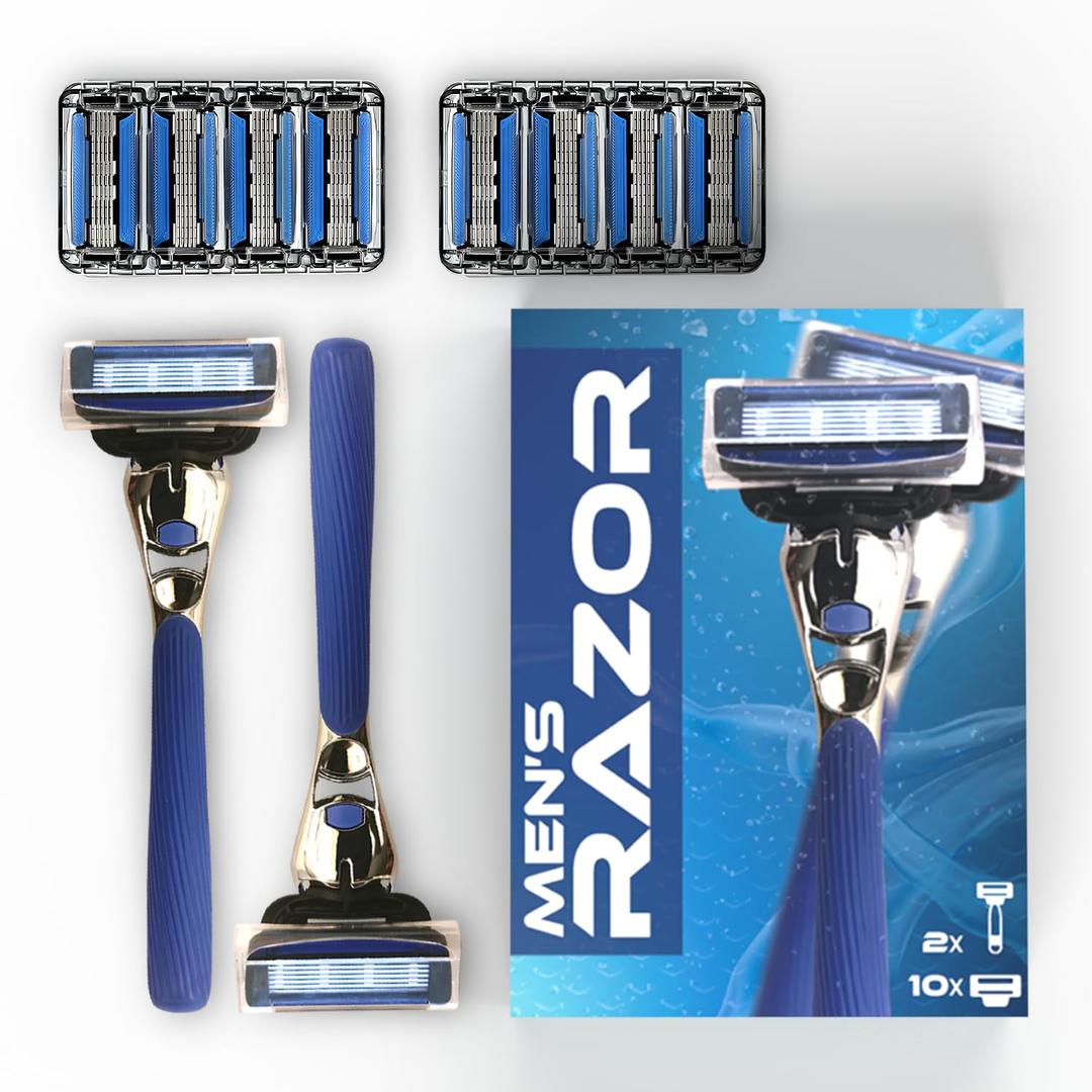 Mens Razor with 2 Handles & 10 Refill Blades  7 Blade for Smooth, Close Shave  Precision Trimmer  Refillable Razor for Men, All Skin Types