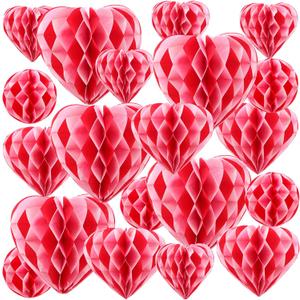 Yexiya 32 Pieces Honeycomb Balls Valentines Pom Poms Red Paper Honeycomb Ball Decorations Hearts Tissue Paper for Wedding, Valentine's Day, Engagement, Bridal Shower (Red Pink White Blocking)