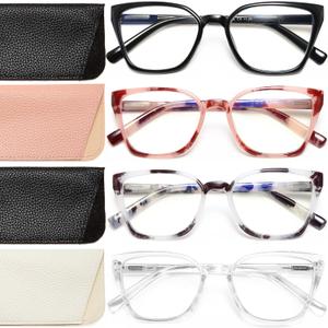 EYEURL 4 Pack Reading Glasses Women Cat Eye Stylish Blue Light Blocking Readers Retro Ladies Eyewear with Leather Pouch (Mixed Color-2)