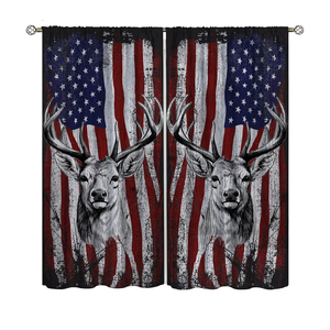 Deer American Flag Curtains, Thermal Insulated Printed Curtain Camouflage Rustic Patriotic Deer Big Antler Old Forest Retro Window Drapes for Bedroom Living Room 42" W X 54" L