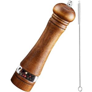 Pepper Grinder Salt Grinder Wooden Pepper Mill Grinder w/Adjustable Coarse, 8 inch Tall Wood Refillable Manual Pepper Grinder Mill Peppermill for Black Peppercorn, Easy Clean w/Cleaning Brush