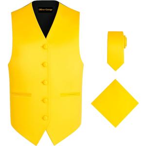 Oliver George 3pc Men's Solid Formal Suit Vest Waistcoat Tuxedo Dress Vest Necktie Handkerchief Set For Suit or Tuxedo (XX-Large, Yellow Gold)