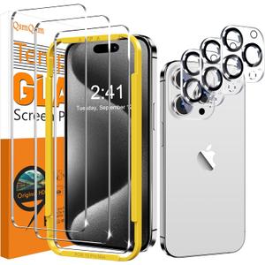 7 x QsmQam 3 Pack Screen Protector for iPhone 15 Pro Max 6.7 Inch with 3 Pack Camera Lens Protector, Ultra HD Tempered Glass, 9H Hardness, Anti Scratch, Bubble Free, Easy Installation, Case Friendly