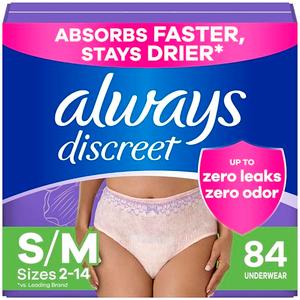 Always Discreet Adult Diapers for Women, Incontinence Underwear, Postpartum Essentials, Disposable Briefs, Max Absorbency, Bladder Leak Protection, Small/Medium, 84ct