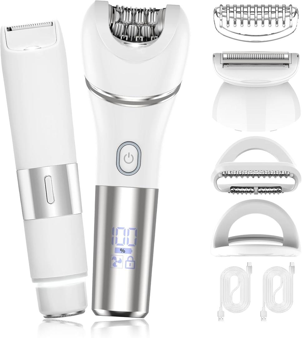 Zesuti Epilators Hair Removal for Women-2 in 1 Eletctric Razors for Women,Dual Head Bikini Trimmer for Pubic Hair/Lady Facial Razor,Cordless Epilator Body Shaver for Smooth Wet/Dry Shaving,Led Light (White 968)
