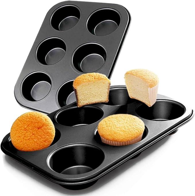 2 Steel Muffin Pan for Baking, Round Muffin Baking Pan, Baking Tray for Muffins, Cupcakes, Brownie(Black, 6 Cup)