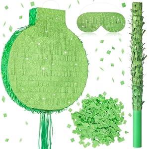 Gemscream 18 Inch Large Round Green Piñata Kit with Stick Blindfold and Confetti Glitter Blank DIY Piñata for Birthday Party Game Wedding Carnival Party Supplies