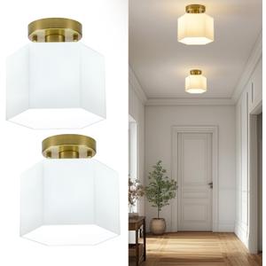 Milk Glass Semi Flush Mount Ceiling Light, Modern Gold Light Fixture, Mid-Century Hexagonal Close to Ceiling Lamp, Small Chandelier for Hallway Entryway Foyer Closet Bedroom, 2 Pack
