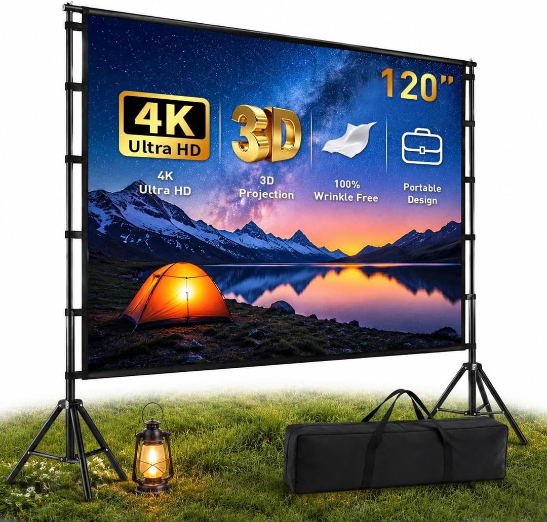 120 Inch Projector Screen with Stand, Portable Outdoor Movie Screen 16:9 4K HD Wrinkle-Free Projection Screen, Lightweight Indoor Outdoor Projector Screen with Carry Bag for Backyard Movie Night