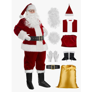 Santa Claus Costume for Men 9PCS, Christmas Santa Costume Adult Deluxe Santa Suit Professional Santa Outfit, Large