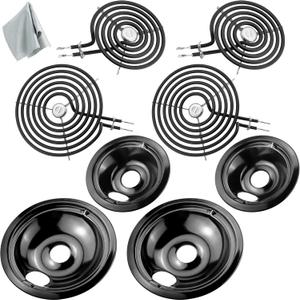 WB31M20 WB31M19 Porcelain Drip Pans and WB30M1 WB30M2 Electric Stove Burners Replacement for GE Hot Point Stove Top, Includes 4 Pack Black Drip Pans and 4 Pack Electric Stove Element by Fetechmate