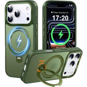 360° Spin Magnetic Stander for iPhone 17 pro max Case [Compatible with Magnetic] [Built-in Kickstand] Mil-Grade Protective, Matte Non-Slip for iPhone 17 pro max Phone Case(Green)