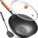 WANGYUANJI 12.6" Carbon Steel Wok with Lid & Spatula - Gift Ready Packaging, Precision Spun Iron Stir Fry Pan for 3-4 People - Flat Bottom, Nitrided Rust-Resistant Surface (Requires Seasoning)