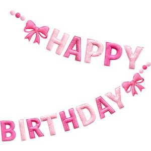 Pink Pre-Strung Happy Birthday Banner Felt Wool Ball Garland Hot Pink Conquette Bow Happy Birthday Garland Streamer Bday Party Decorations Sign for Women Kids Girls Party Photo Prop Decor Supplies
