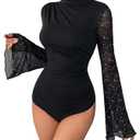 GORGLITTER Women's Mesh Turtleneck Long Sleeve Bodysuit Lace Ruched Blouse Bodysuits Going Out Trendy Outfits Black Large
