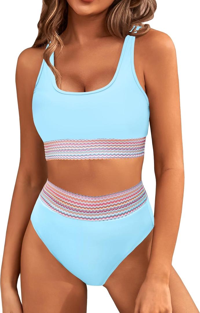 BMJL Women's High Waisted Bikini Sets Sporty Two Piece Swimsuits Color Block Cheeky High Cut Bathing Suits (Large, Light Blue-new011)