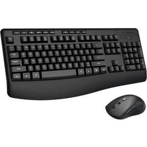 Wireless Keyboard and Mouse Combo, E-YOOSO 2.4GHz Full Sized Ergonomic Wireless Keyboard with Wrist Rest, 3 DPI Adjustable and 6 Buttons Cordless USB Mouse for Computer, Laptop, PC, Windows (Black)