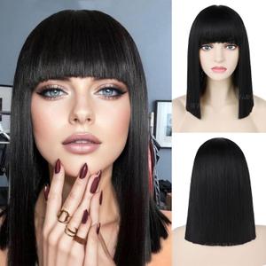 G&T Wig Black Bob Wig with Bangs Short Straight Shoulder Length Heat Resistant Synthetic Bob Wig for Fashion Women (14 inch)