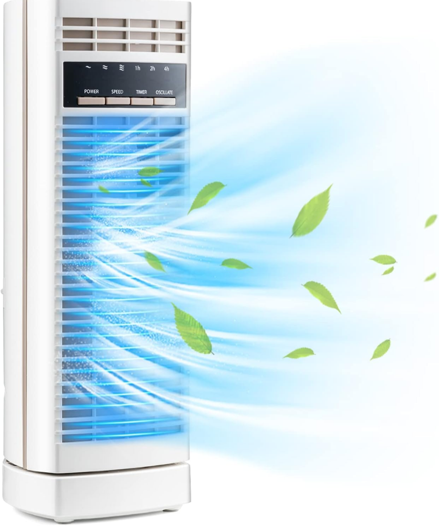 Tangkula 14-Inch Desk Fan, 90° Oscillating Small Tower Fan, Portable Quiet Cooling Table Fan w/ 3 Speeds, 4H Timer, Compact Bladeless Standing Fan for Living Room, Bedroom, Office, Desktop(White)