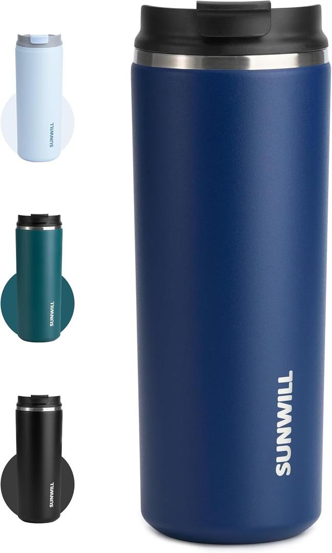 SUNWILL Travel Coffee Mug with Lid, Leak Proof Tumbler Stainless Steel, 16 oz Insulated Cup for Water, Tea, Ice, Powder Coated Navy