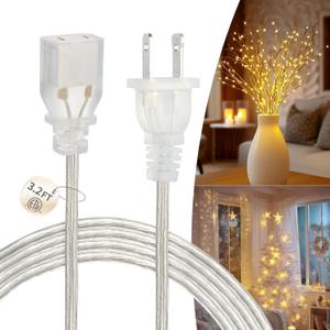 PEESIN Clear Extension Cord 3.2 Foot, UL-Certified Short Extension Cords Indoor Thin, 2 Prong Invisible Power Cord for Christmas Light & Small Appliances, 2x18 AWG 125V 7A