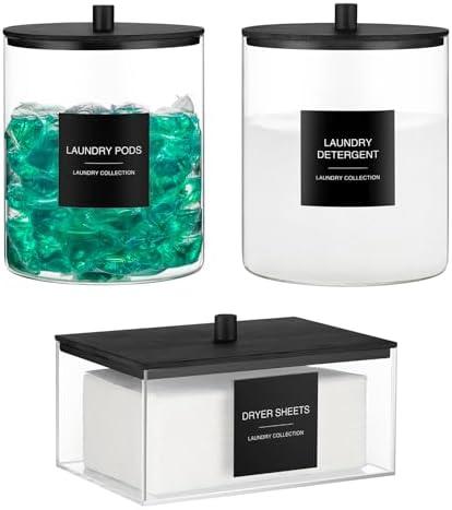 Glass Jars and Acrylic Dryer Sheet Holder, Laundry Pods Container with Bamboo Lid and 27 Labels, Powder Detergent Containers for Laundry Room Organization, Storage Jars Set (3 Pack, Black)