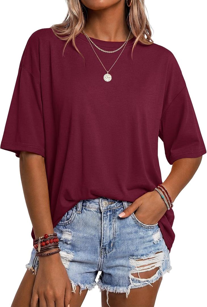 YUCOLEN Womens Oversized Tshirts Short Sleeve Crewneck Casual Loose Fit Basic Tee Cotton Blend Summer Trendy Plus Size Tops, Large