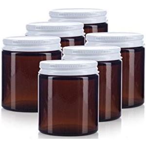 (6 pack) 4 oz / 120 ml Amber Thick Glass Jar with White Metal Airtight Lid
