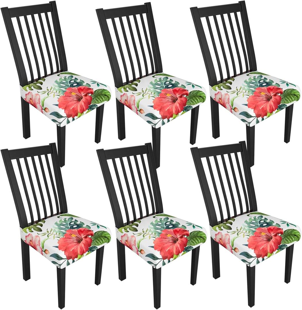 Stretch Dining Chair Seat Covers Set of 6,Dining Chair Slipcovers, Floral Printed Chair Covers,Soft Fabric Washable Upholstered Chair Seat Protector, No Rear Covers for Home Kitchen Dining Room (Summer Flowers B)