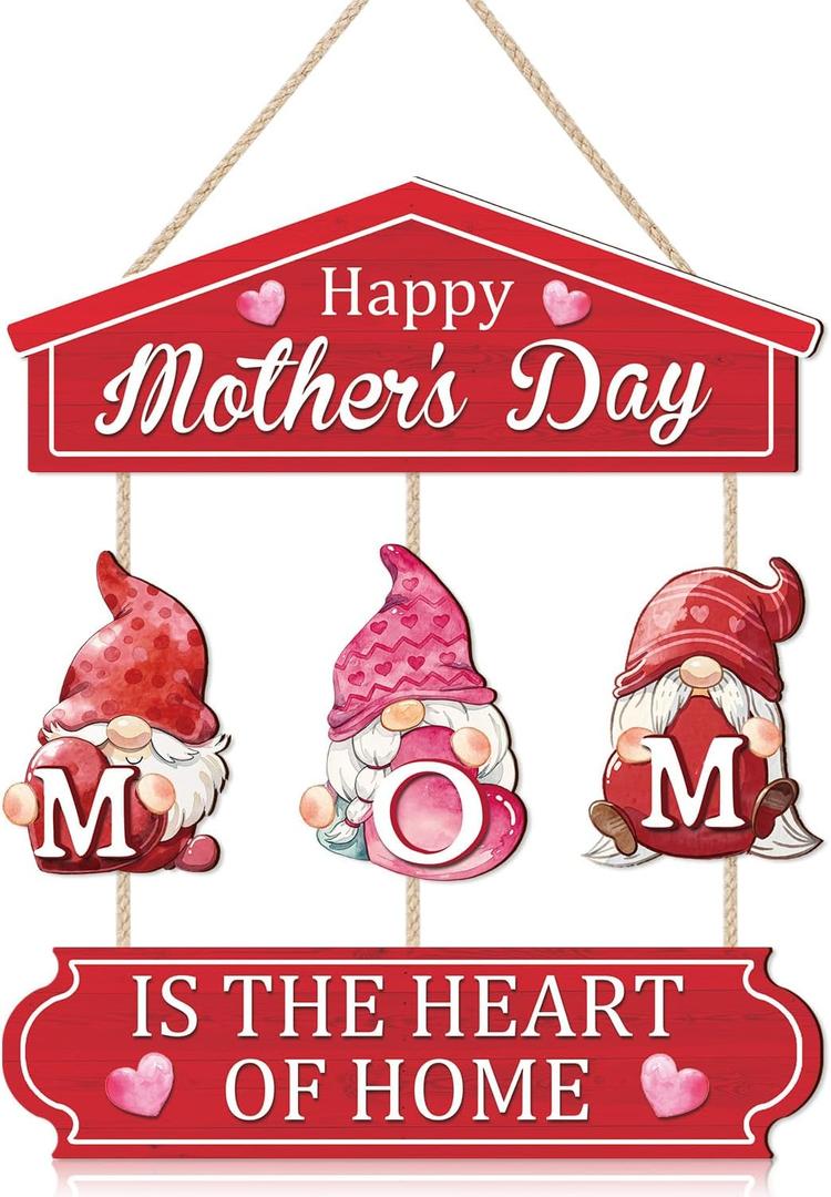 TOARTi Happy Mother's Day Wooden Sign Hanging(10.7x17.5),Mom Is The Heart Of Home Wall Decor With Cute Gnomes, Romantic Pink Heart Mothers Day Gifts for Mom Wife Grandma Woman