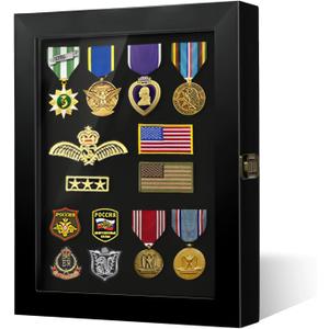 Pin Display Case 11 x 14 Solid Wood Military Shadow Box Medal Display with HD Tempered Glass for Army Bedge Award Velcro Patch Collection