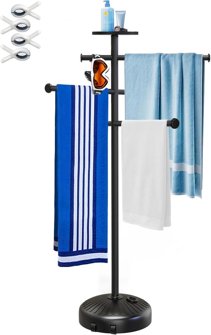 63 Inch Pool Towel Rack with Wheels for Indoor Outdoor Use, Towel Holder with Storage Tray, 6 Adjustable Bars Hot Tub Accessories, Free Standing Towel Rack for Pool, Spa, Hot Tub