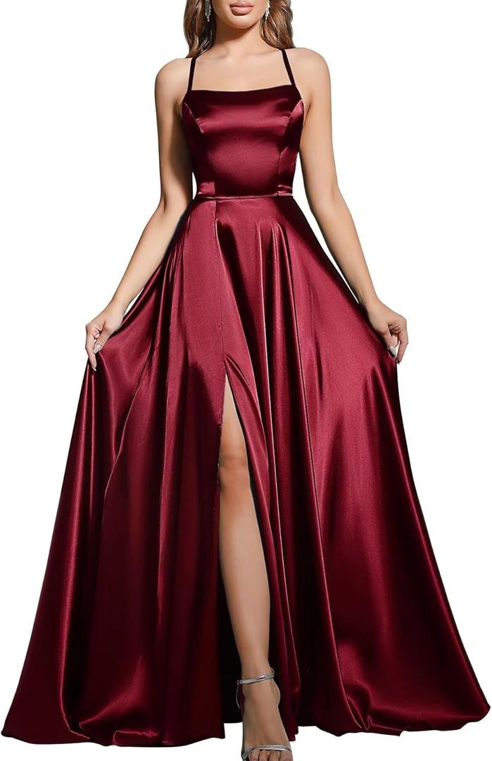 MisShow Women's Spaghetti Straps Prom Dresses Long Satin Bridesmaid Dress with Slit Formal Party Gown (Burgundy, S)