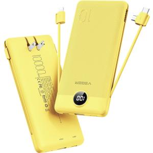 VEGER Portable Charger with Built-in AC Plug and Cables, All in One 10000mAh Ultra Slim Power Bank Travel Essentials, Fast Charging Battery Pack Compatible with iPhone, Samsung, Android (Yellow)