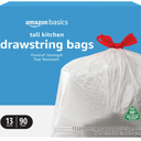 Basics 13 Gallon Tall Kitchen Drawstring Trash Bags, Flextra Strength, Tear Resistant, Puncture Resistant, 10% Post Consumer Recycled, 90 Count, White