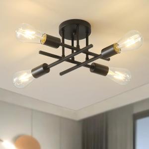 Modern Semi Flush Mount Ceiling Light Fixture,4-Light Farmhouse Light Fixtures Ceiling Mount,Industrial Chandelier Ceiling Lamp for Living Room Bedroom Kitchen Hallway,Bulb Not Included(Black)