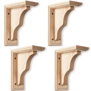Briwooody 4 Pcs Traditional Wood Corbels Decorative Wooden Brackets Unfinished Solid Rubberwood Shelf Bracket for Doorway Countertop Kitchen Cabinet Book Shelves (3 1/2" W X 7" D X 9" H)