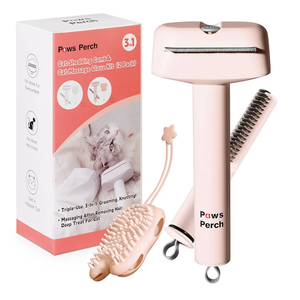 Paws Perch Cat Hair Shedding Brush Slicker Kitten Grooming Undercoat Dematting Comb with Massage Glove, 3 in 1 Effective Dandruff Removal Kit for Short Long Fur Pet Indoor, Outdoor, Travel Use, Pink