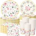 Set of 250 Floral Party Decorations Flower Paper Plates Napkins and Cups Pink and Gold Floral Disposable Tableware Set for Bridal Shower Baby Shower Wedding Spring Tea Party Supplies, Serves 50