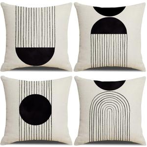 IcosaMro Black and White Throw Pillow Covers 18x18 Set of 4 Cotton Linen Boho Black and Beige Throw Pillow Cases Mid Century Modern Arch Sun Decor Decorative Bohemian Cushion Case with Zipper