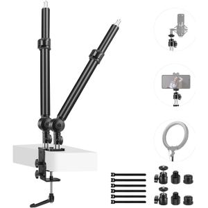 NEEWER Upgraded C Clamp Desk Mount for Dual Camera Mount Stand, 225 Tilt & 360 Swivel Telescopic 17.7"-24.8" Desktop Webcam Stand for DSLRs Overhead Photography Ring Light Phone Action Camera