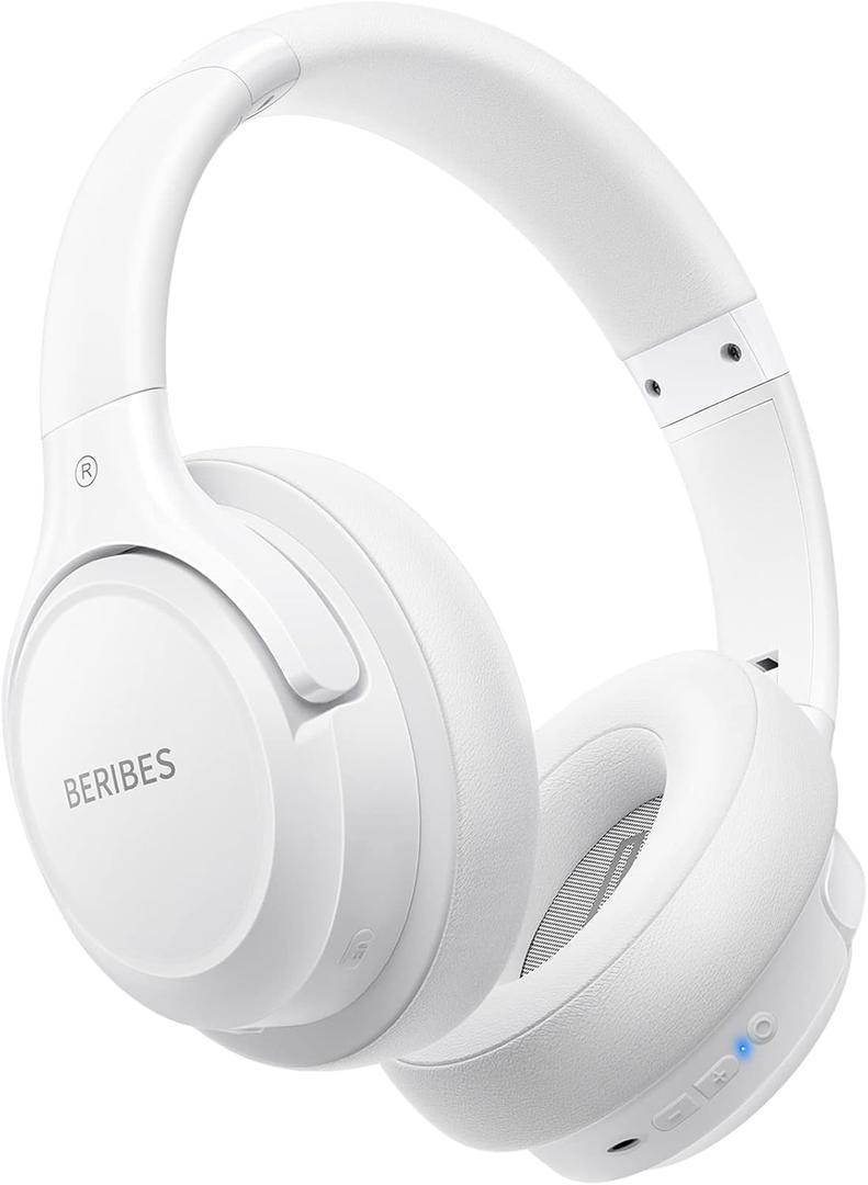 BERIBES Bluetooth Headphones Over Ear, 65H Playtime and 6 EQ Music Modes with Microphone, HiFi Stereo Foldable Lightweight Wireless Headset, Deep Bass for Home Office, Cellphone, PC, Etc. (White)